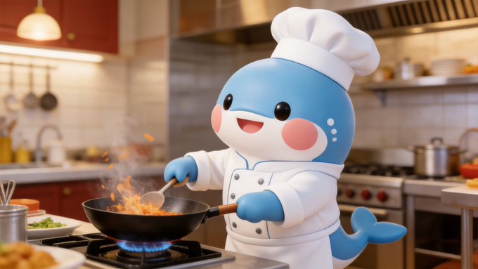 The image features a blue toy chef, likely a figurine or doll, standing in front of an open stove with a pot on top. The chef appears to be cooking something, possibly fish, as indicated by the presence of a fish nearby. The scene is set in a kitchen environment, which further emphasizes the theme of cooking and culinary activities.