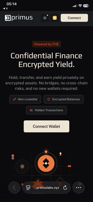 A mobile screenshot of the Primus Labs website promoting 'Confidential Finance Encrypted Yield' with features like 'Non-custodial', 'Encrypted Balances', and 'Hidden Transactions', with a 'Connect Wallet' button visible.