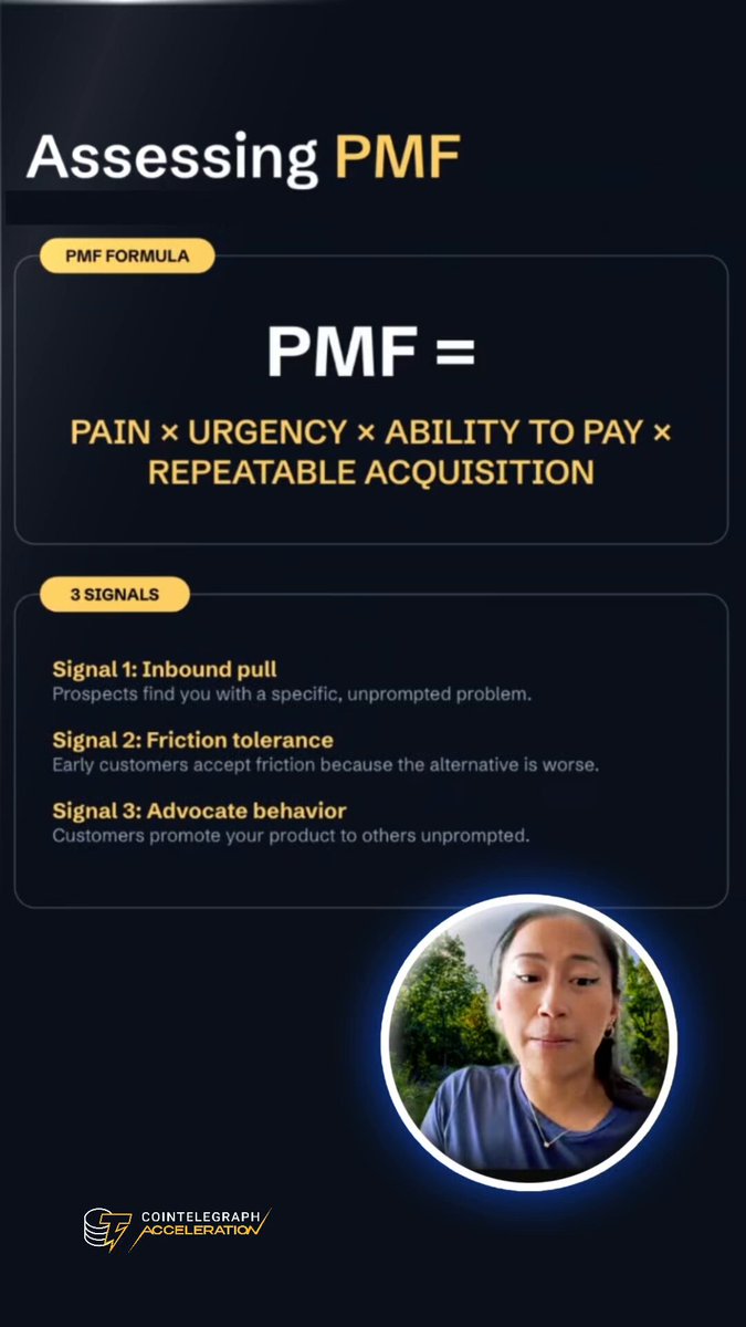 The image displays a poster with a woman's face as part of the content. The poster features text discussing PMF and its application. It also includes a graphic representing a product-market fit formula, possibly related to Cointelegraph Accelerator's workshop topic on marketing strategy.