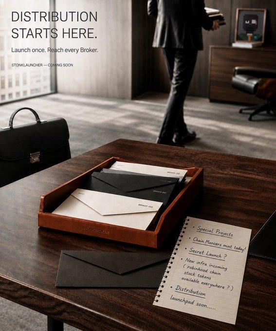 An advertisement reads "DISTRIBUTION STARTS HERE. Launch once. Reach every Broker. STORKLAUNCHER — COMING SOON" over an image of a desk with an envelope tray, notepad with handwritten items like "Chain Monsters mint today!", and a person walking away.