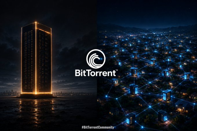 A promotional graphic for BitTorrent featuring a glowing skyscraper on the left and a network of illuminated houses connected by lines on the right, with the BitTorrent logo and #BitTorrentCommunity.