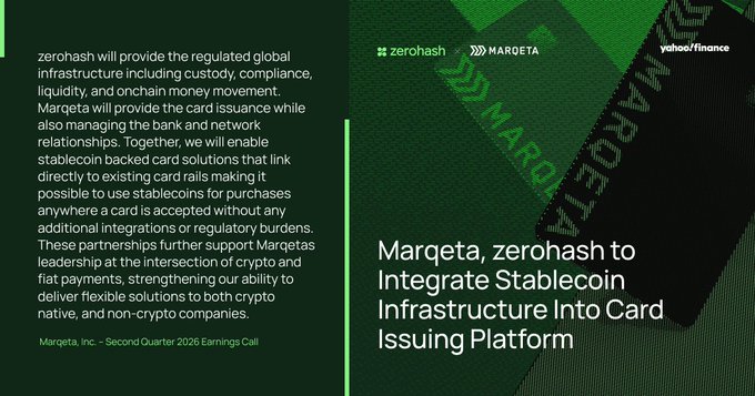A graphic announcing the partnership between Marqeta and zerohash to integrate stablecoin infrastructure into card issuing, with a quote from Marqeta's Second Quarter 2026 Earnings Call and branding for yahoo/finance.