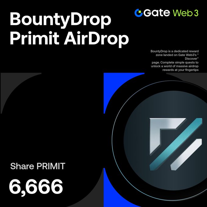 A black promotional graphic for Gate Web3 announces the "BountyDrop Primit AirDrop," featuring a stylized metallic PRIMIT logo and offering a share pool of 6,666 PRIMIT tokens for completing social media and trading tasks on the Avalanche chain.