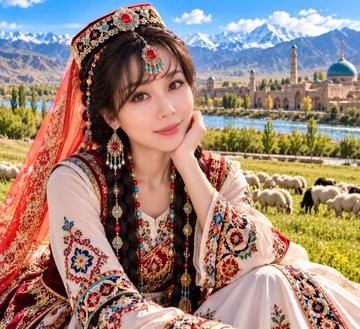 The caption: "A young woman wearing a vibrant traditional Asian embroidered dress with a red veil and ornate headpiece poses thoughtfully in a meadow, with sheep grazing behind her and a scenic landscape of historic domed architecture and snow-capped mountains in the background."

The image visually echoes the post's theme of Asian unity and heritage, using the traditional clothing and pastoral setting to symbolize cultural pride, leadership, and the natural strength of the Asian GCV Movement's pioneers.