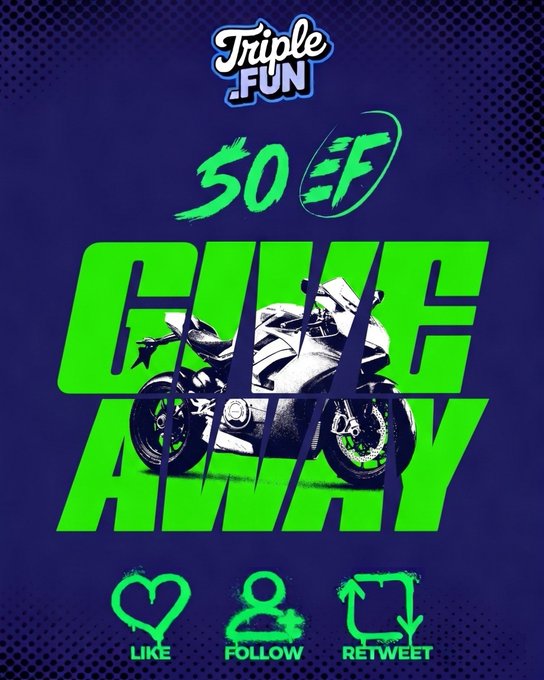 Enter to win 50 FUNCOINS ($25 balance) in this Triple Fun giveaway! The image features a motorcycle superimposed over "GIVEAWAY" text, promoting the contest outlined in the post.