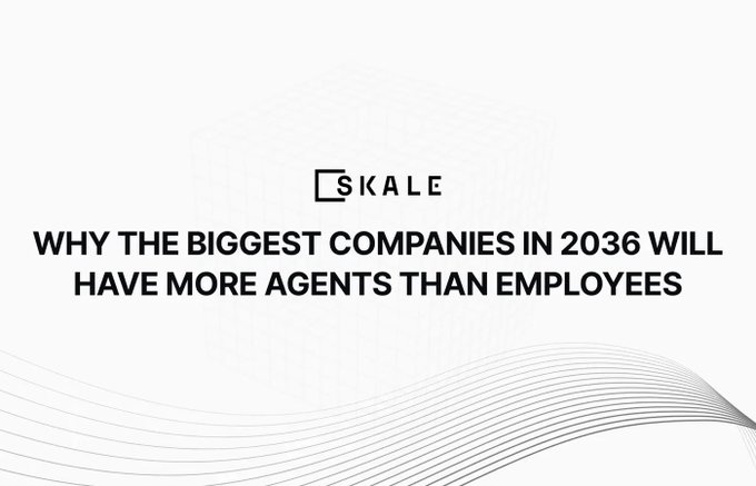 The image features the SKALE logo at the top with the headline "WHY THE BIGGEST COMPANIES IN 2036 WILL HAVE MORE AGENTS THAN EMPLOYEES" displayed prominently against a clean white background with subtle wave patterns, visually reinforcing the post's theme about the shift from traditional headcount to agent-based workforces as the defining metric of future business success.
