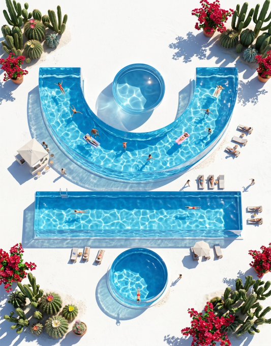 An aerial view of a resort pool area where the pools are arranged to form the shape of a smiley face, complete with a circular 'head' pool and curved 'eyes' pool, decorated with cacti and flowers.