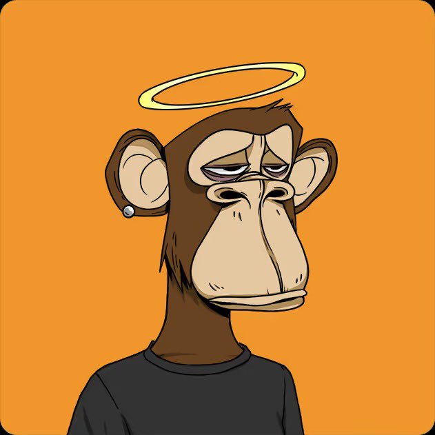 A cartoon illustration of a sad-looking Bored Ape-style monkey with a yellow halo floating above its head, wearing a dark gray shirt against an orange background.