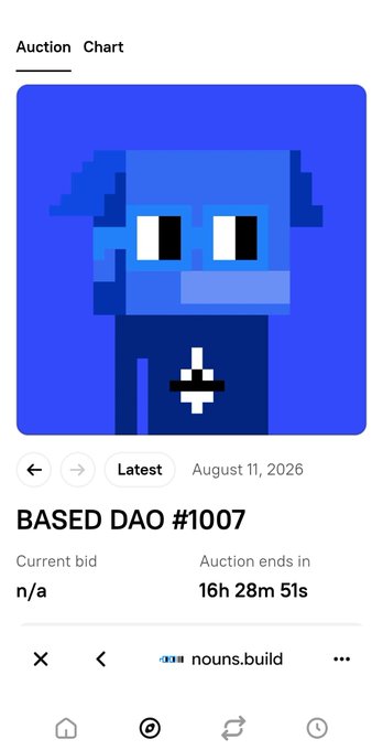 A mobile screenshot of a Nouns DAO auction page showing a pixel-art blue character titled 'BASED DAO #1007' with an auction ending in '16h 28m 51s'.