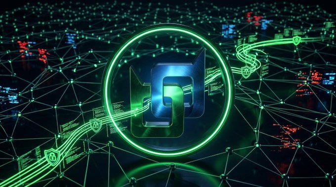 A glowing green circular emblem displaying a stylized "B" logo sits at the center of a dark, interconnected network of nodes and data streams. The imagery visually represents the Beldex coin network mentioned in the post, with the mesh of nodes symbolizing its 2000+ masternode infrastructure designed to secure private communications.