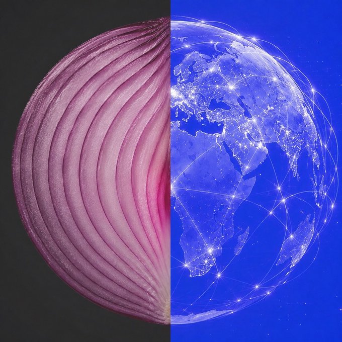A split image with the left half showing the purple layered texture of an onion, and the right half displaying a glowing digital globe with connection lines on a blue background.