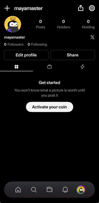 Mobile app profile screen for user 'mayamaster' showing a king penguin avatar, zero posts/followers, and an 'Activate your coin' button.