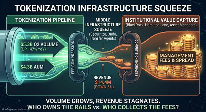 **Caption:** An infographic titled "Tokenization Infrastructure Squeeze" illustrates the disconnect between surging tokenization volume and declining revenue, showing Securitize's $5.3B Q2 volume (up 147% YoY) and $4.3B AUM funneling through "Middle Infrastructure Squeeze" players (Securitize, Ondo, Transfer Agents) that compress fees and increase competitive pressure, ultimately routing value to "Institutional Value Capture" by BlackRock, Hamilton Lane, and Asset Managers via management fees and spreads—while revenue stagnated at $14.4M (down 5%) and EBITDA swung to -$5.5M, reinforcing the caption: "Volume grows, revenue stagnates. Who owns the rails vs. who collects the fees?"