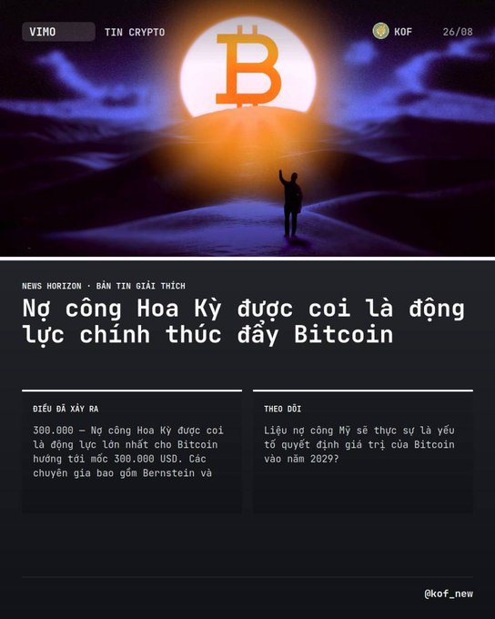 A crypto news interface in Vietnamese showing a Bitcoin logo and an article titled 'Nợ công Hoa Kỳ được coi là động lực chính thúc đẩy Bitcoin' (US national debt seen as main driver of Bitcoin).