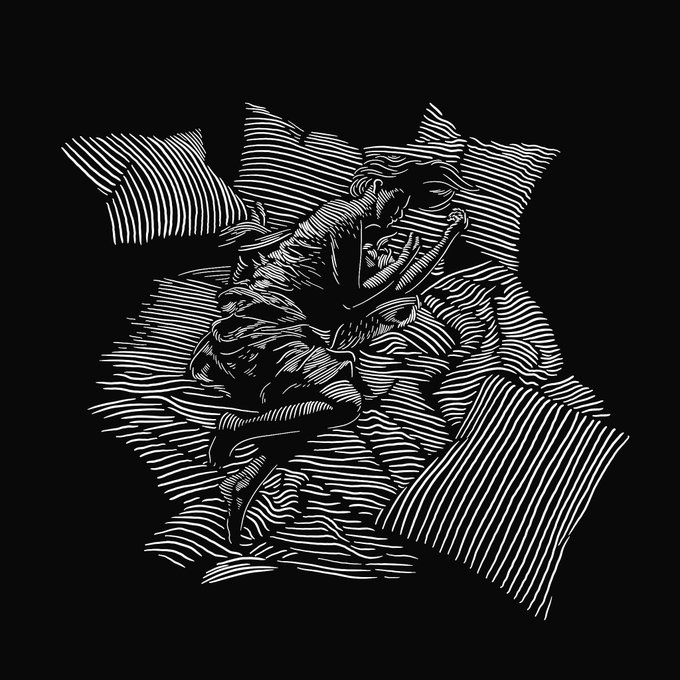 A high-contrast black and white woodcut-style illustration depicts two figures intertwined among flowing, linear patterns resembling rumpled bedding, rendered entirely in stark hatched lines. The artwork, titled "H=S (HEES)" by @sarapanoray and collected on September 5, 2021, evokes an intimate, dreamlike scene through its bold graphic style and abstract organic forms.