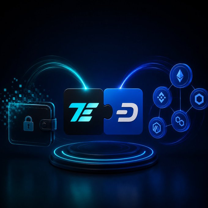 Digital artwork depicting two interlocking puzzle-piece logos connected by glowing light arcs, surrounded by cryptocurrency icons including Ethereum, with a digital wallet on the left.
