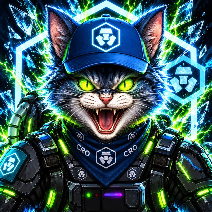 A fierce digital artwork of a snarling cat wearing a cap and bandana branded with 'CRO' logos, surrounded by glowing blue and green energy effects referencing Crypto.com.