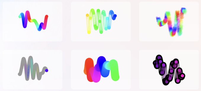 Six abstract colorful scribble and squiggle artworks arranged in a grid, featuring rainbow gradients, neon colors, and one with purple bubble-like shapes on a dark background.