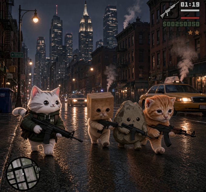 Four adorable kittens—one wearing a green jacket, one dressed as a cardboard box, one as a rock, and one as a ginger tabby—march down a rainy, nighttime city street armed with assault rifles, displayed in a GTA-style HUD showing "01:19," "$00250350," two wanted stars, a minigun icon, and a minimap. The image humorously relates to the caption "Legends" by depicting these tiny, unlikely felines as tough, streetwise action heroes worthy of legendary status.