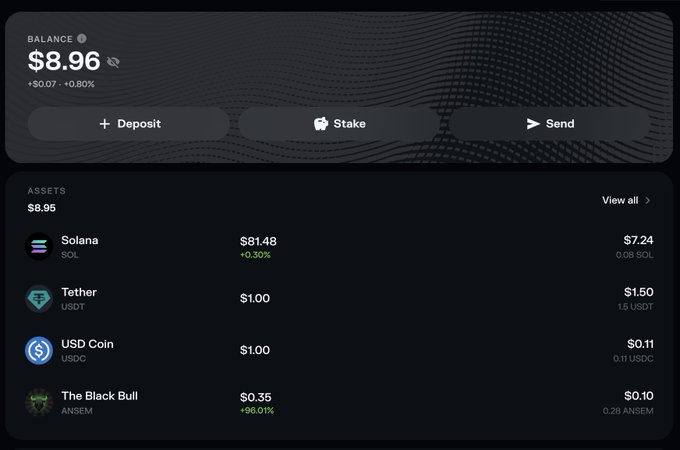 The image shows a crypto wallet dashboard with a balance of **$8.96** (+$0.07, +0.80%), displaying assets including Solana ($7.24), Tether ($1.50), USD Coin ($0.11), and The Black Bull (ANSEM) ($0.10), with options to Deposit, Stake, or Send. The dashboard visually confirms the "$8.96" balance mentioned in the post.