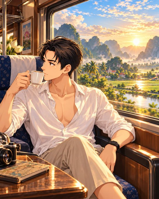 An anime-style illustration shows a young man in an unbuttoned white shirt drinking coffee while sitting by a train window, gazing out at a scenic sunset landscape with mountains and palm trees.