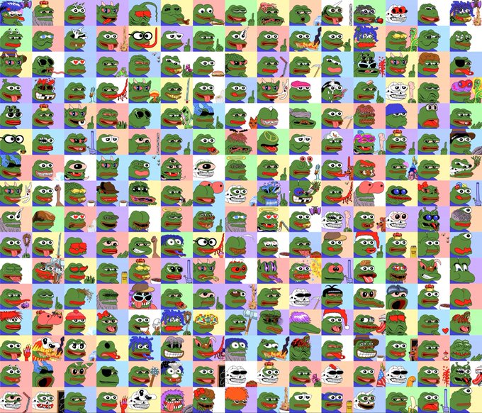 A grid collage featuring hundreds of pixel-art Pepe the Frog characters, each in various unique poses, outfits, and expressions across pastel-colored backgrounds.