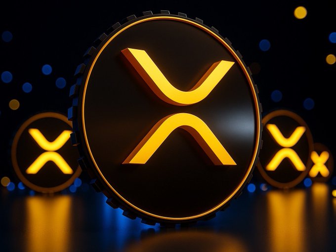 3D rendered image of glowing orange XRP cryptocurrency coins (tethered tokens) displayed against a dark blue background with bokeh light effects.