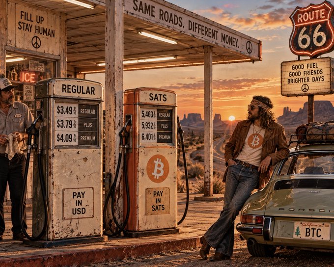 A vintage Route 66 gas station scene at sunset shows two pumps—one labeled 'REGULAR' and 'SATS' with Bitcoin logo—and a man leaning against a Porsche with a 'BTC' California license plate, alongside signs reading 'FILL UP STAY HUMAN' and 'SAME ROADS. DIFFERENT MONEY.'