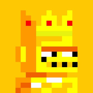 Pixel art style image of a yellow king character with a crown, a red and orange handle, and a pixelated face on a yellow background.