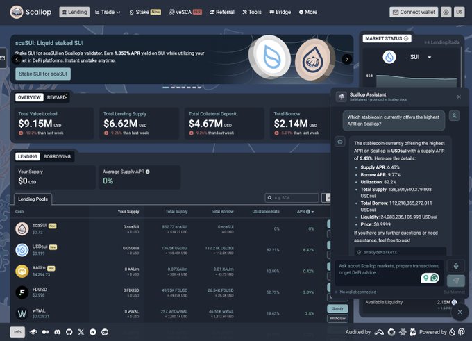 A screenshot of the Scallop DeFi platform showing scaSUI liquid staking details, with a Scallop Assistant panel indicating that scaSUI offers the highest APR on Scallop at 6.43%.