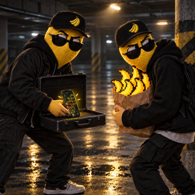 Two figures wearing yellow banana masks, sunglasses, and black caps are exchanging a briefcase with a phone inside for a bag of pixelated fries in a parking garage.