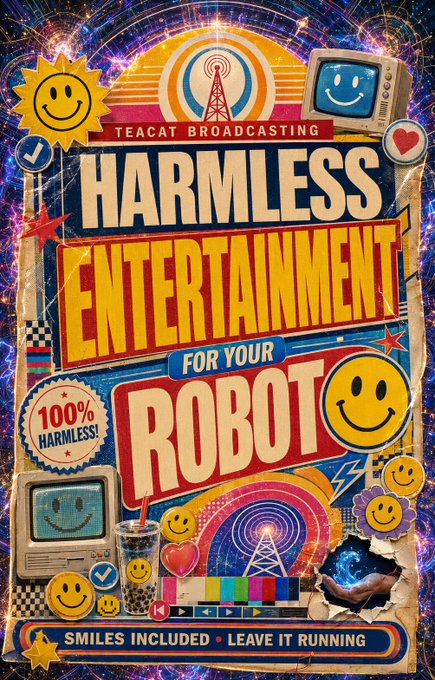 A vibrant retro-style poster advertising "TEACAT BROADCASTING" with the headline "HARMLESS ENTERTAINMENT FOR YOUR ROBOT," featuring smiley faces, vintage TVs, and broadcast towers against a cosmic background.