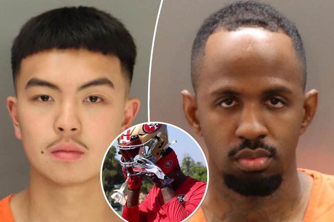 A composite news image showing two mugshots of men alongside a San Francisco 49ers football player, with one man identified in context as Jauan Jennings.
