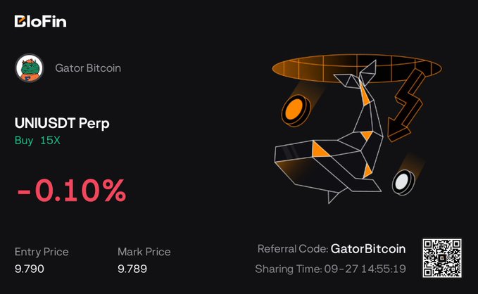 A BloFin trading interface displays 'Gator Bitcoin' with a UNIUSDT Perp position showing Buy 15X at -0.10%, entry price 9.790, mark price 9.789, referral code 'GatorBitcoin', and sharing time 09-27 14:55:19.