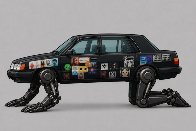 A black station wagon with mechanical robot legs for movement, decorated with various character stickers and icons along its side panels.