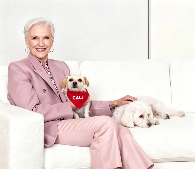 A smiling older woman in a pink blazer sits on a white couch with two dogs, including one wearing a red bandana labeled "CALI." The image connects to the post by featuring Cali the dog alongside the woman, likely the author, promoting her book "Timeless" while celebrating the $CALI community.