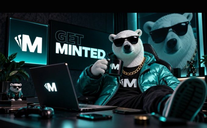 A stylized image of a polar bear wearing sunglasses, a teal puffer jacket, and a gold chain, sitting at a desk with a laptop and mug displaying an 'M' logo with 'GET MINTED' in the background.