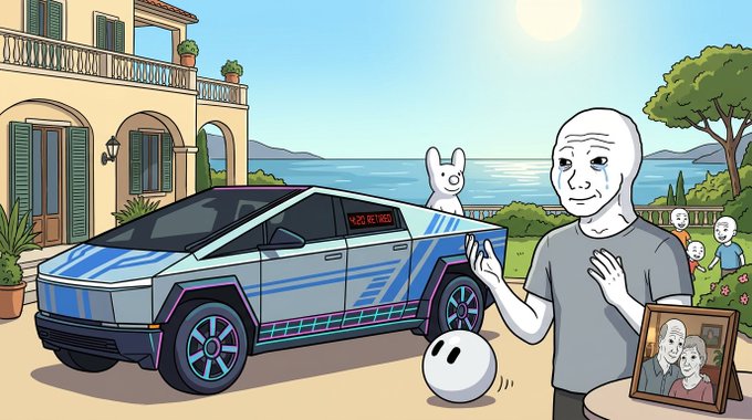 A cartoon-style illustration shows a crying wojak character standing beside a Cybertruck-style vehicle and a small round creature, holding a framed photo of an elderly couple near a Mediterranean villa.