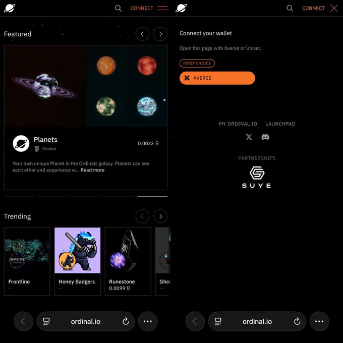 Two screenshots of the Ordinal.io website; the left shows featured and trending NFT collections like 'Planets' and 'Honey Badgers', while the right shows a wallet connection prompt with the 'XVERSE' option.