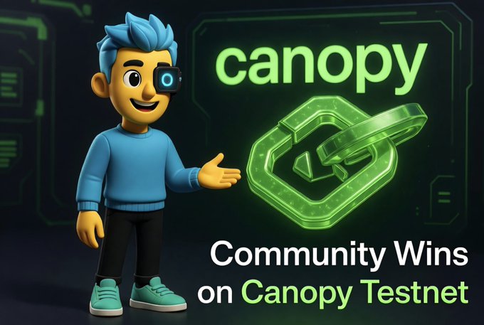 A 3D-rendered graphic featuring a blue-haired cartoon character pointing at a glowing green link icon with the text 'canopy' and 'Community Wins on Canopy Testnet'.