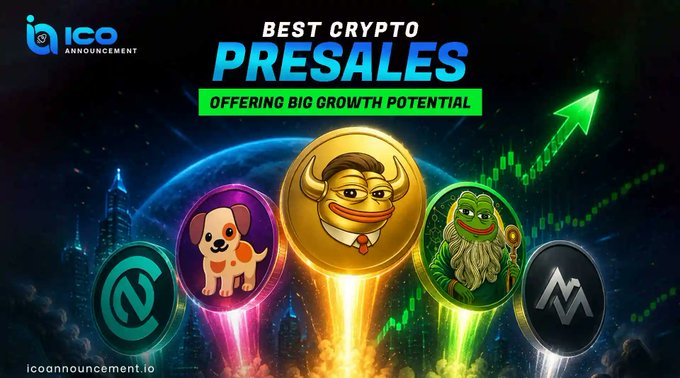 A promotional graphic from icoannouncement.io titled "BEST CRYPTO PRESALES OFFERING BIG GROWTH POTENTIAL" displays five colorful token mascots including a green logo coin, a dog ($MOONPUG), a bull ($MT MemeToro), a green creature ($PEPETO), and a mountain logo ($MRX/$NACH), set against a space background with a rising green trend arrow symbolizing projected crypto growth.