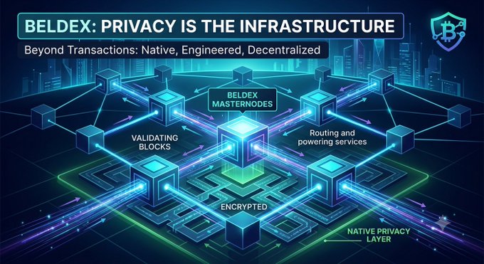 A digital graphic titled 'BELDEX: PRIVACY IS THE INFRASTRUCTURE' with subtitle 'Beyond Transactions: Native, Engineered, Decentralized,' depicting interconnected cubes representing validating blocks, encrypted data, and a native privacy layer.
