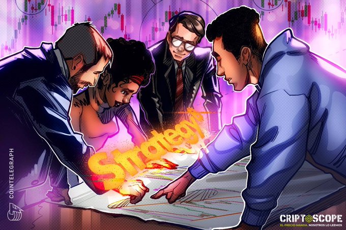 The image depicts a group of five people huddled around a piece of paper or chart. One person is pointing at an illustration that says "Strategy" while the other members of the group look closely at the drawing, seemingly discussing something important. The people are dressed in suits and ties, indicating this gathering may be taking place during a formal event or professional meeting related to business or investment strategy. A purple hue fills the scene, further emphasizing the seriousness of the occasion. In the background, there is text that reads " BTC dropped 40% since the STRC launch. Collateral contracts, obligations don't. The balance bleeds in silence."