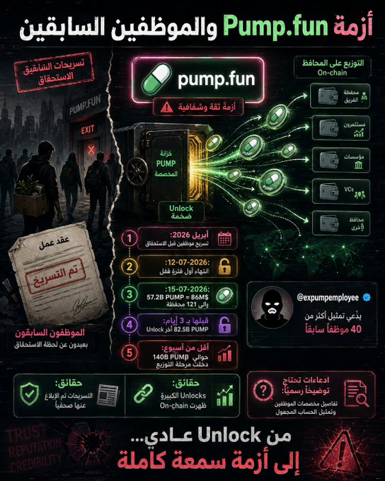 An infographic in Arabic titled "أزمة Pump.fun والموظفين السابقين" (The Pump.fun Crisis and Former Employees) detailing the timeline and impact of an alleged reputational crisis surrounding Pump.fun. It features a timeline starting April 2026 with employee terminations, followed by events on 12-07-2026 (Unlock activation) and 16-07-2026 (PUMP = 86MS, 12 million for $121, Unlock 82.5B PUMP), culminating in the sale of 140 billion PUMP. A highlighted quote from @expumpemployee claims: "يدفع تحميل أكثر من 40 موظفا سابقا" (more than 40 former employees are filing). The bottom text emphasizes "من Unlock عادي إلى أزمة سمعة كاملة" (from a normal unlock to a full-blown reputation crisis), with sections highlighting preserved rights, on-chain transparency, and required disclosures—directly illustrating the post's concern about vesting token terminations