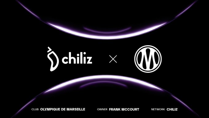 A sleek promotional graphic displays the Chiliz logo alongside Olympique de Marseille's "OM" crest against a dark background with purple light effects, featuring text at the bottom reading "CLUB OLYMPIQUE DE MARSEILLE," "OWNER FRANK MCCOURT," and "NETWORK CHILIZ"—visually confirming Marseille's partnership and entry into the Chiliz sports blockchain ecosystem.