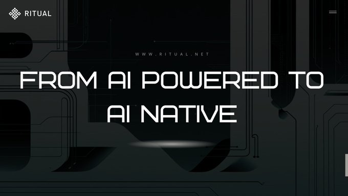 A sleek, dark digital banner with circuit board patterns in the background displaying the text 'WWW.RITUAL.NET' and 'FROM AI POWERED TO AI NATIVE' next to the Ritual logo.