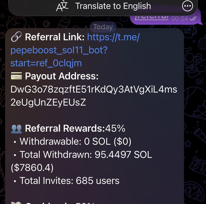 A screenshot of a Telegram bot referral page for "pepeboost_sol1_bot" showing a referral link, payout address, and referral rewards of 45% with 685 total invites and 95.4497 SOL ($7860.4) withdrawn, supporting the post's claim of over 650 users using their Pepe boost code.