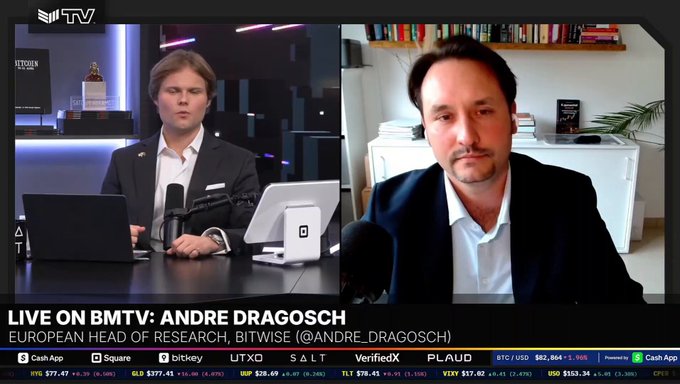 A split-screen live broadcast from BMTV featuring an interview with Andre Dragosch, European Head of Research at Bitwise, with crypto market tickers like IYC, GLD, UTXO, and SALT visible at the bottom.