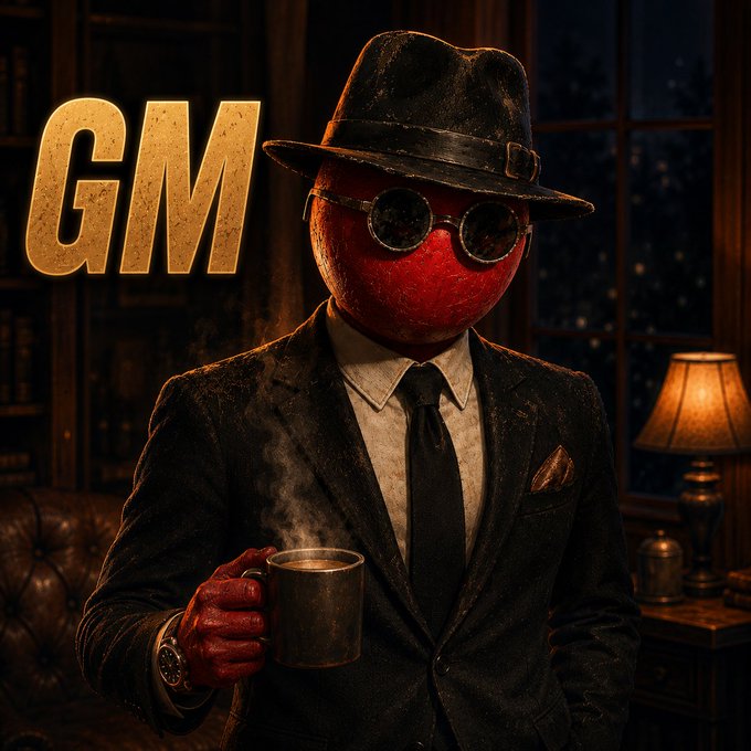 A red, tomato-headed figure dressed in a noir detective-style suit, fedora, and round sunglasses holds a steaming mug, with bold gold "GM" lettering to the left—perfectly tying into the post's "gm web3 let's cook today" vibe of a mysterious morning greeting in the crypto world.
