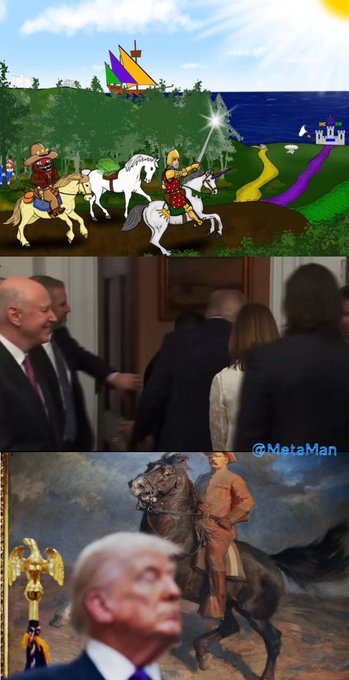 A meme juxtaposing an animated horseback scene featuring a knight and cowboy, a brief clip of people in suits, and a portrait of Theodore Roosevelt on horseback, with the handle "@MetaMan" visible—visually connecting the riddle's imagery of cowboys, knights, and a famous horseback president to the XRP community's speculative post.